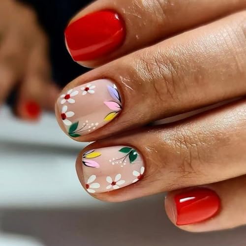 Flower Press on Nails Short Square Fake Nails Red Nude False Nails with Embossed Designs 3D Flowers Glossy Full Cover Stick on Nails Glue on Nails Spring Acrylic Nails for Women Girls 24 Pcs - color: Flower Square4