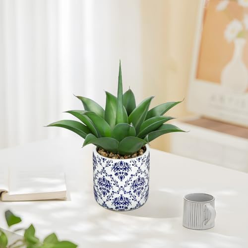 Briful Agave Plants Artificial Succulents Fake Plant in Blue Vase, 13'' Tall Realistic Faux Plant Indoor for Home Decor Farmhouse Centerpiece Table Kitchen - color: Green and Gray Agave Blue Vase
