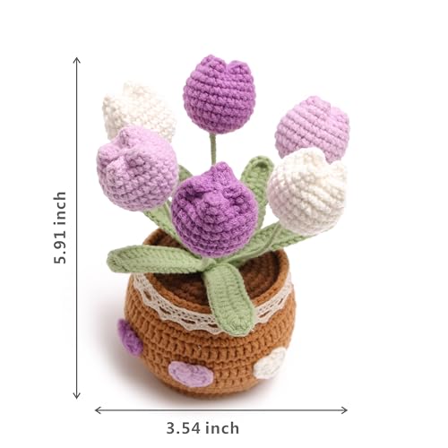 Crochet Simulation Tulip Potted Plants, Simulation Crochet with Long Flowers, Hand Crochet Lovely Woven Potted Plants, Home Office Desk Ornaments, Shop Decorative Flowers (6 Flowers-Purple) - color: Purple a, size: A