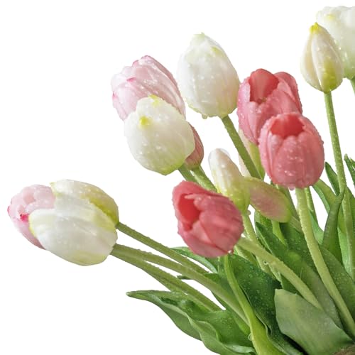 DUYONE 40Pcs Artificial Tulips Flowers, Soft Touch Realistic Latex Tulips Bouquet for Home Office Wedding Party Garden Decor, Fake Flowers for Centerpieces Dining Table Living Room Spring(White Set) - color: A Style-40pcs White Set(no Vase)