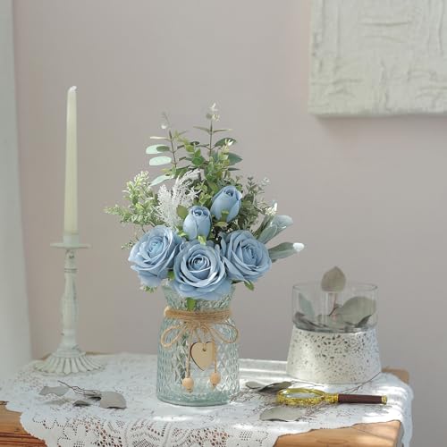 Faux Flowers with Vase,Artificial Silk Roses in Vase, Fake Plant Eucalyptus Flower Arrangement for Home Office Farmhouse Bathroom Dining Table Centerpiece Decorations Coffee Table Decor (Dusty Blue) - color: Dusty Blue