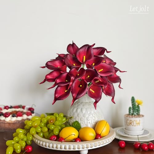 Letjolt Artificial Calla Lily Flowers Dark Red Flowers 20Pcs | Wedding Bouquet, Home Decoration, Faux - color: Dark Red