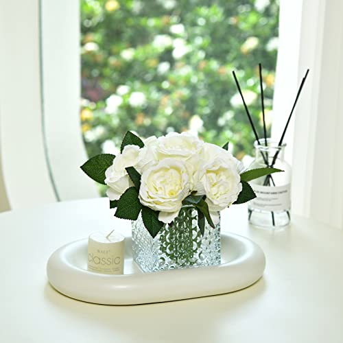 Artificial Peony Silk Flower Centerpieces Faux Floral Arrangement in Glass Vase for Home Wedding Table Decoration (Cream) - color: A-cream