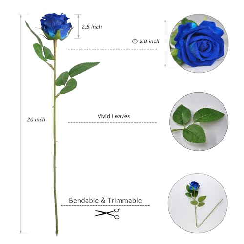 Kenpal Realistic Fake Roses Artificial Flowers with Stem for Decoration Floral Arrangement Centerpieces Wedding Bouquets (10, Blue) - color: Blue
