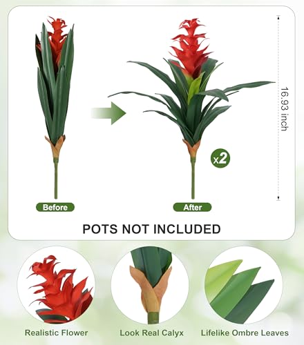 Ivydale Fake Flowers Plants for Outdoors, 2 Pcs 16.93" Bromeliad Artificial Flowers Uv Resistant Realistic Faux Flowers for Outdoor Planters Outside Porch Patio Yard Garden Indoor Decoration(Red) - color: Red