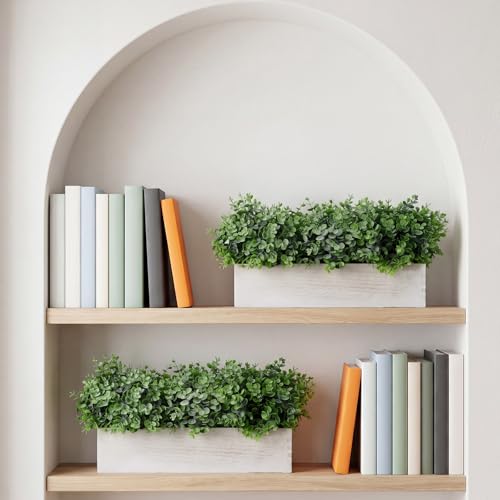 Lyrow 2 Pack Artificial Eucalyptus Plant in Rustic Rectangular Wooden Planter Box Greenery Faux Potted Herb Plant for Indoor Wedding Table Centerpiece (Green,16 x 3.7 x 8.7 Inches,Classic Style) - color: White, size: 16.1 Inch, style: White Powdered Round