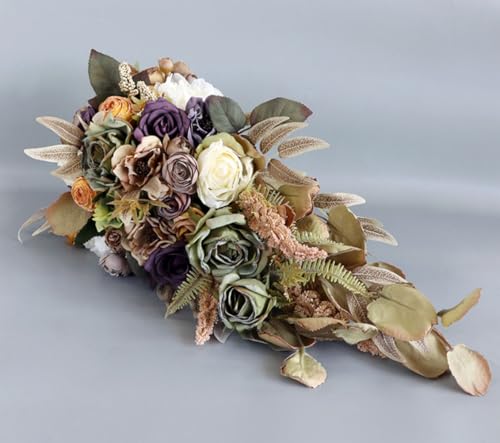 9.8 Inch Vintage Cascading Bridal Bouquet Waterfall Cascade Wedding Bouquet Bride with Artificial Rose Flower Rustic Boho Wedding Bouquet Dusty Green and Dusty Purple - color: Dusty Green & Dusty Purple