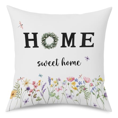 Fokongna Sweet Home Colorful Butterfly Floral Pillowcase 18 x 18 Inches Covers Cottagecore Wildflower Botanical Butterfly Moth Decorative Lumbar Pillow Covers for Home Bedroom Sofa Couch - color: Floral Pillow