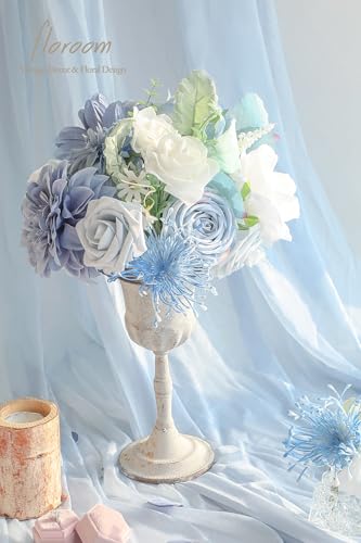 Floroom Dusty Blue Powder Blue Artificial Flowers Fake Roses Dahlias and Greenery Combo Box Set for DIY Wedding Bouquets Bridal Shower Centerpieces Floral Arrangements Party Tables Home Decorations - color: Frosted Dusty Blue