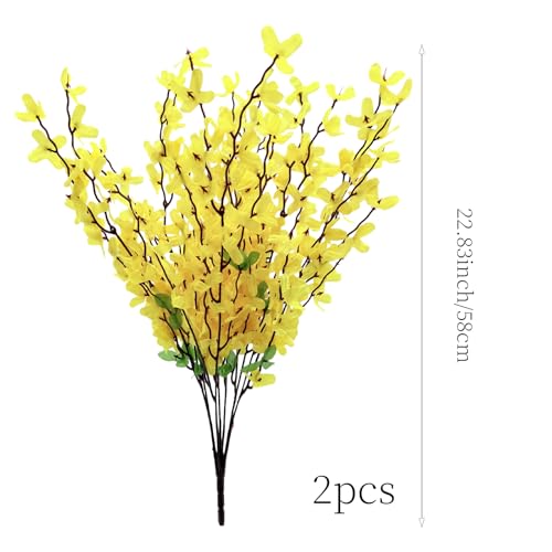 FERIAL 2PCS Artificial Silk Forsythia Flower Branches Yellow Jasmine Flowers Silk Fake Winter Jasmine Orchids Flowers for Indoor Outdoor DIY Floral Arrangement Wedding Party Home Office Decorate - color: Yellow-2