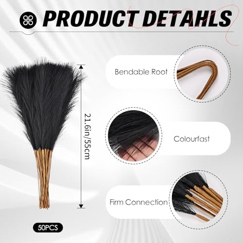 50pcs Black Pampas Grass 21.6 Inch Non-Shedding Faux Pampas for Gothic Home, Moody Boho, Halloween and Modern Wedding Decor - color: Black