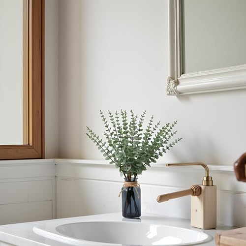 Leftover 18.8" Artificial Eucalyptus Stems in Black Glass Vase,Fake Plant Eucalyptus Plant for Centerpiece Table Decorations Black Bathroom Farmhouse Home Decor - color: Sage Green