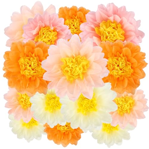 BestoFun 14 PCS Peach, Pink & Orange Tissue Paper Flowers – Party Decorations for Birthday, Baby Shower, Wedding, Fiesta, and Holiday Events - color: Pink Orange