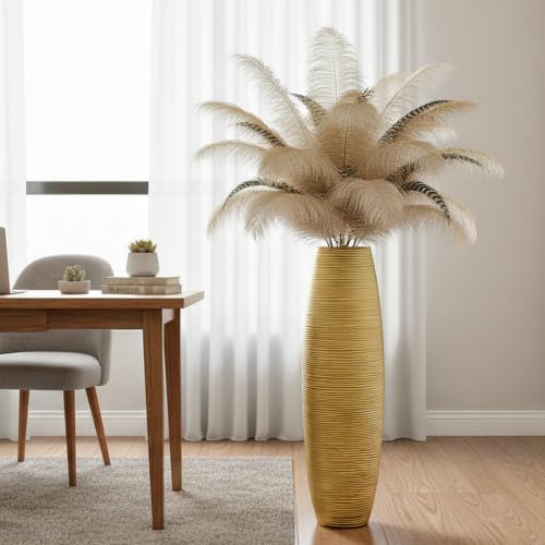 Large Floor Vase 35.4" Gloss Gold, Resin Wide-Body Vase with Horizontal Ribbed Texture for Dried Pampas Grass Branches, Modern Home Decor for Living Room Corner Entryway - color: Gold, size: 35.43 in