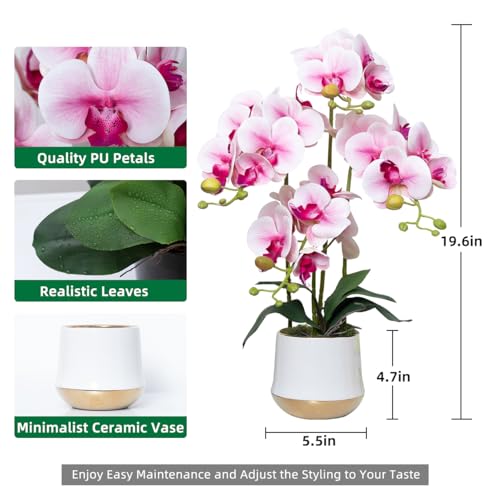 Artificial Orchid Flowers in Ceramic Vase Realistic Pink Faux Orchids 19.5 Inch Fake Phalaenopsis Plant Arrangements for Home Indoor Centerpiece Decor (Set of 4 Stems) - color: Pink, size: 14CM- WhiteGolden