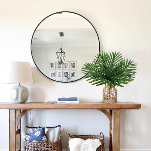 Fake Plants 14.2" Faux Palm Plant in Glass Vase, Realistic Tropical Fake Palm House Plants Artificial Palm Leaves Greenery Stems for Home Bathroom Office Farmhouse Balcony Shelf Centerpiece Décor - color: Palm