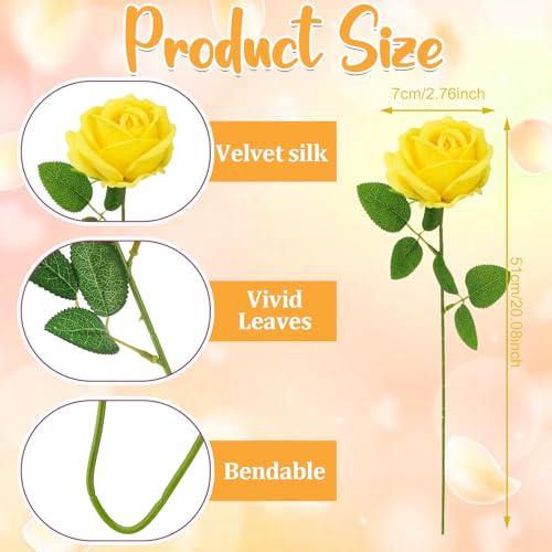 90 Pcs Yellow Velvet Rose Artificial Flowers with Long Stems, Fake Silk Roses Real Touch Fake Roses Florals for Birthday Wedding Bouquet Party Arrangement Decorations - color: Yellow