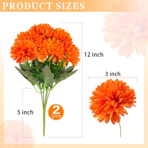 12Pcs Artificial Fall Flowers, Fake Silk Chrysanthemums Orange Marigold Ball Flower Fake Mums for Autumn Dia De Los Muertos Day of The Dead Home Decor Outdoors Indoor