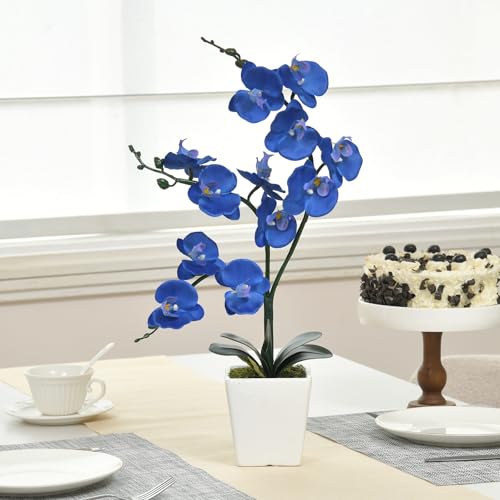 15" Tall Artificial Silk Phalaenopsis Orchid Flower Plant Pot Arrangements (Navy Blue) - color: Navy Blue