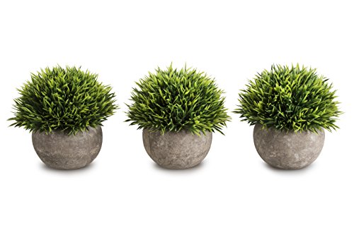 Opps Mini Artificial Plants Plastic Fake Green Grass Topiary Shrubs with Gray Pot for Home Décor – Set of 3 - color: Green
