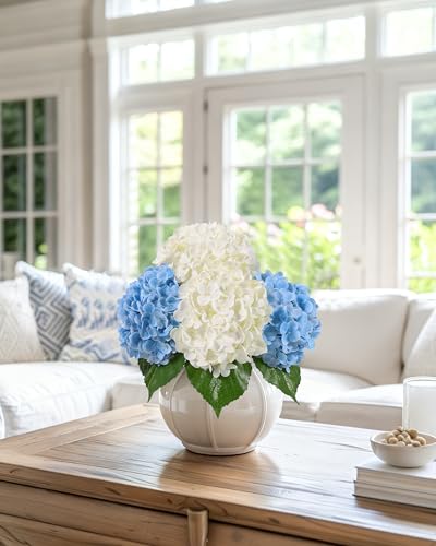 DuHouse 4Pcs Large Hydrangea Artificial Flowers,20 inch Latex Real Touch Hydrangeas for Home Wedding Bouquets Centerpieces Party Living Room Decoration(2Pcs Blue+2Pcs White) - color: 2pcs Blue+2pcs White, size: 4pcs