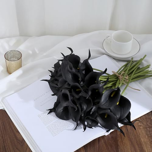 24 Pcs Black Artificial Calla Lily Flowers Fake Black Silk Flowers Real Touch for Wedding Bouquet Office Home Kitchen Decor - color: Black