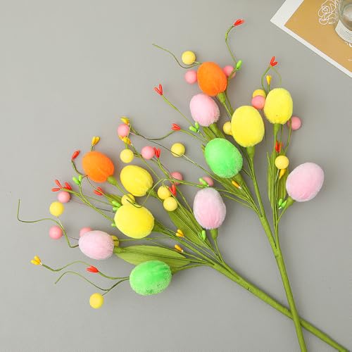 4PCS Artificial Easter Flowers, Easter Party Colorful Velvet Egg and Berries Picks Decorations, Spring Flower with Stems Egg Branches for Party Vase Centerpiece Decor (Berry) - color: Berry