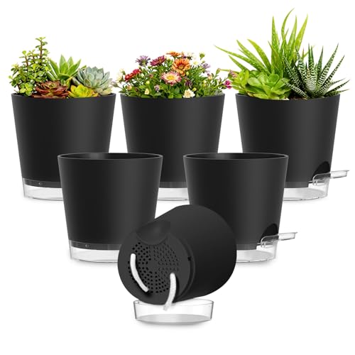 Plant Pots 5 Inch Self Watering Pots,6 Pack Plastic Planters with Drainage Holes and Clear Saucers,Plastic Flower Pots,Nursery Planting Pot for Indoor Out Door Plants (Black) - color: Black, size: 5 inch