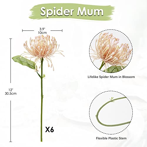 Briful 6PCS Chrysanthemum Artificial Flowers 4'' Fake Spider Mums Spring Flowers Large Faux Pincushion Flowers for Home Vase Table Centerpiece Wedding Bouquet (Pink) - color: Pink