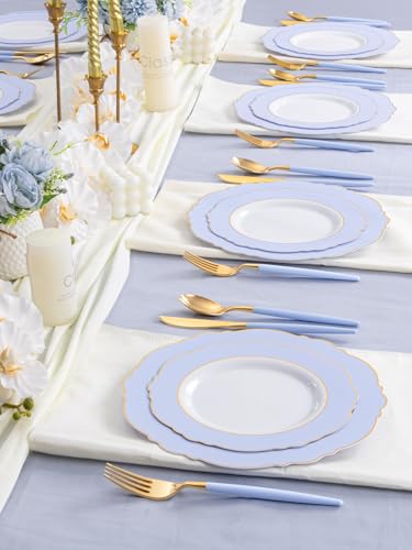 WDF 60pcs Blue Plates Disposable With Gold Rim - Baroque Baby Blue Plastic Party Plates for Wedding/Party/Baby Shower/Spring - color: Blue and Gold, size: 60PCS