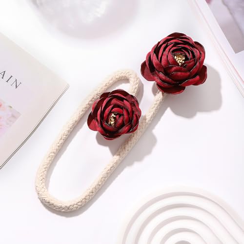 SUQ I OME 2 Pieces Handmade Artificial Christmas Red Flower Curtain Holdbacks,Curtain Tiebacks Clips Creative Window Drape Twist Tie Backs for Christmas Decorative Draperies Holdbacks (Wine Red) - color: Wine Red