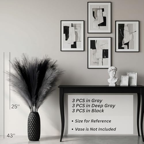 9 Pcs 43'' Faux Pampas Grass Decor, Tall Fluffy Black Gray Pampas Grass, Fake Pompas Branches, Long Feathers for Floor Vase, Boho Flower Arrangement for Home Wedding Decor - color: Black Gray