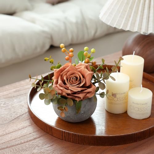 mizii DIY Small Artificial Flowers Potted Kit Fake Flower Realistic Silk Rose and Greenery with Vase for Gifts Table Centerpiece Mantle Office Desk Shelves Living Room Decorations (Orange) - color: Orange