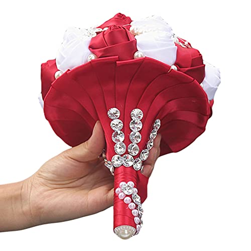 Sharebeauty 9.4 Inch Handmade Satin Rose Bridal Bouquet Toss Round Wedding Bouquet Throw Toss Artificial Flower Bunch Dark Red + White - color: W224 Dark Red/White, size: 9.4"/24cm