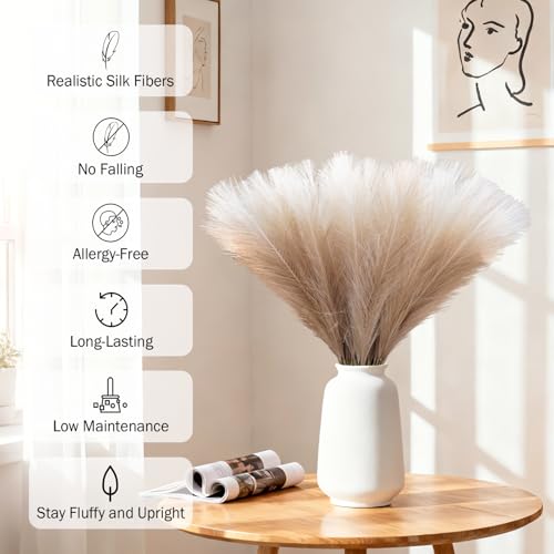TORONTOKYO Brown Pampas Grass Decor, 50Pcs 21.6 inch Artificial Faux Brown Pompas Grass Small Short Fluffy Arrangement for Wedding Boho Home Decor Vase Filler - color: Beige Brown Gradient, size: 21.6inch-50Pcs