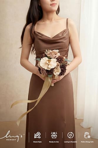 Ling's moment Walnut Brown Artificial Wedding Flower Bouquets for Bridesmaids Brown Floral Bouquet Golden Glove Bridesmaid Bouquets with Ribbon Ceremony Anniversary,7-inch Diameter - color: Br-walnut Brown & Golden Glove