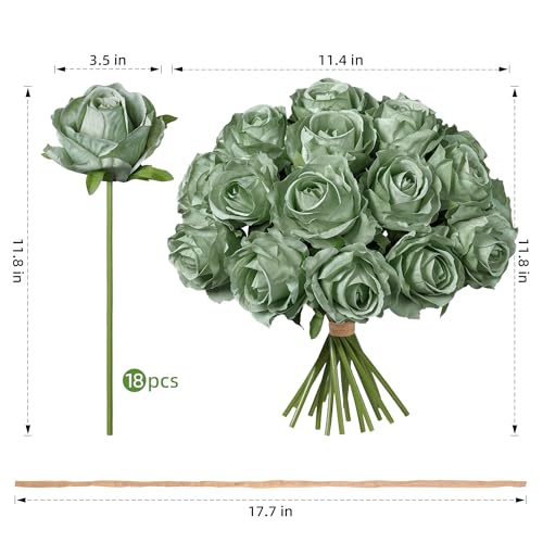 Ivydale 18pcs Green Roses Artificial Flowers, Fake Roses Silk Flowers with Stems Realistic Bouquet for Mother's Day Wedding Party Home Decoration DIY Centerpiece Floral Romantic Gifts - color: Rose-green