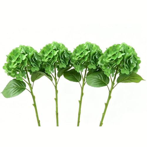 4 Pcs Faux Hydrangeas Real Touch Hydrangea Artificial Flowers Latex Large Fake Flower Long Stems for Wedding Home Party Table Centerpieces Decor (Green) - color: Green