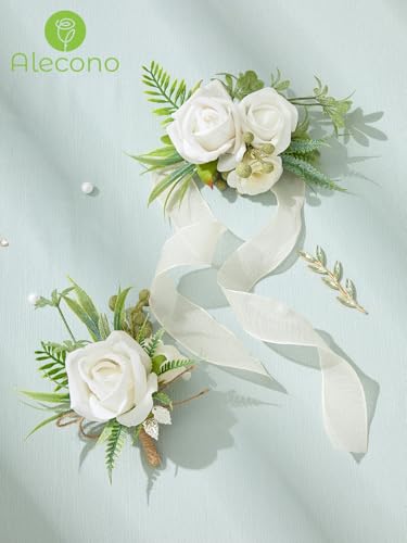 Alecono White Corsage and Boutonniere Set, Rose Bride Wrist Corsage and Groom Boutonniere for Wedding Prom Flower Accessories Suit Decorations - color: White, size: Corsage and Boutonniere Set