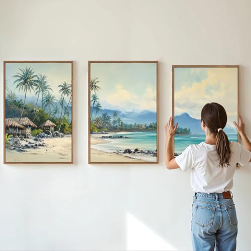 Rantodecor Tropical Coastal Framed Canvas Wall Art, Beach Landscape Posters Wall Decor, Island Palm Trees Beach House Art Paintings, Seascape Mountains Artwork for Bedroom Living Room Office 24"x36"x3 - color: Tropical Coastal, size: 36"x24"