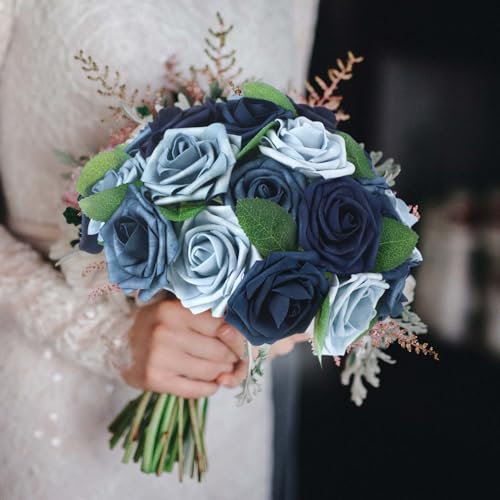 50 Pcs Artificial Foam Rose Flower Faux Bouquet Wedding Fake Rose Gift for Mother's Day Women DIY Bridal Shower Party Table Birthday Home Spring Decor (Shades of Blue) - color: Shades of Blue