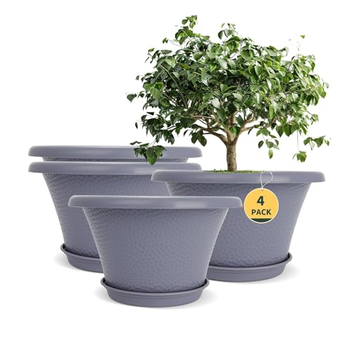 Quarut 12 Inch Large Planter Pot for Plants Indoor Outdoor, 4 Pack Plastic Flower Pots with Drainage Hole & Tray, Modern Decorative Garden Pot with Saucer, Plant Container for House Grey - color: Diamond Pattern-grey, size: 12 inch-4 Pack