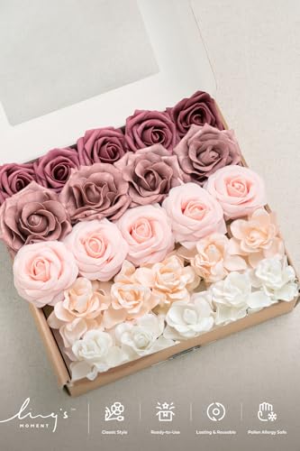 Ling's moment Artificial Flowers Fake Roses Faux Foam Gardenia Combo for DIY Wedding Bouquets Centerpieces Arrangements Bridal Shower Party Home Decorations, Mauve & Blush, 24pcs - color: Pk-mauve & Blush