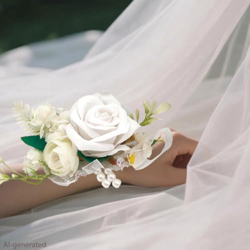 Wrist Corsage and Boutonniere Set, Artificial Rose Corsage Wristlet and Boutonniere for Wedding Prom Party (White 1 Boutonniere&1 Wrist Corsage) - color: White 1 Boutonniere&1 Wrist Corsage