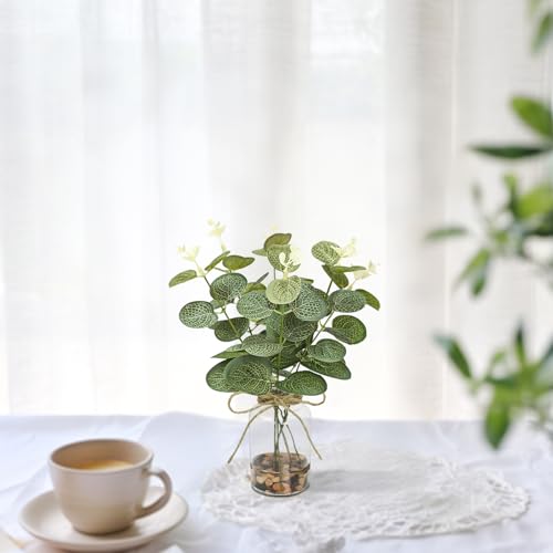 2 Pack Artificial Eucalyptus Stems in Glass Vases, 11" Fake Plants with Faux Water Stones, Small Faux Plants for Kitchen Bathroom Shelf Coffee Table Decor (Blackish Green) - color: Blackish Green