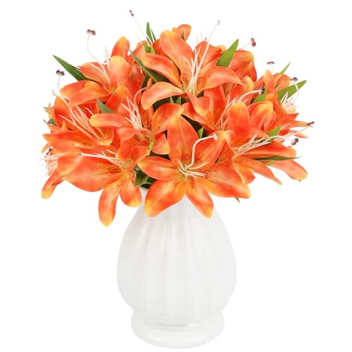 4 Bundles Lily Artificial Flowers 20Heads Orange Lilies with Stems 12.2" Easter Lily Fake Flowers for Summer Wedding Home Party Table Decor Centerpieces Floral Arrangements (Orange) - color: Orange