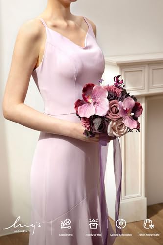 Ling's moment Plum & Purple Artificial Wedding Flower Bouquets for Bridesmaids Floral Bouquet Bridesmaid Bouquets with Ribbon Ceremony Anniversary,7-inch Diameter - color: Deep Plum