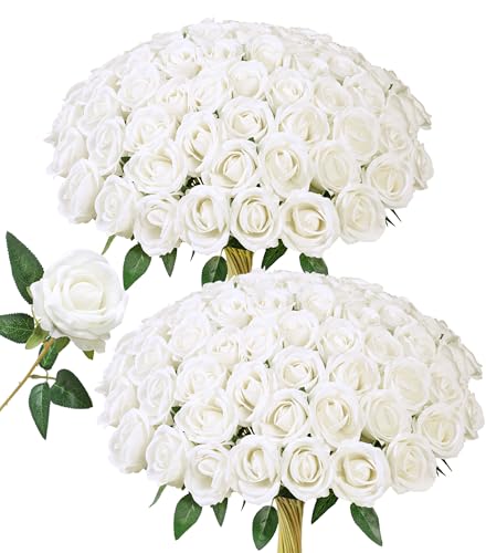 HyeFlora 50 PCS White Roses Artificial Flowers, Fake Roses with Stems Realistic Silk Roses for DIY Wedding Bouquets Tables Centerpieces Arrangements Party Baby Shower Birthday Home Decor Gift for Her - color: White