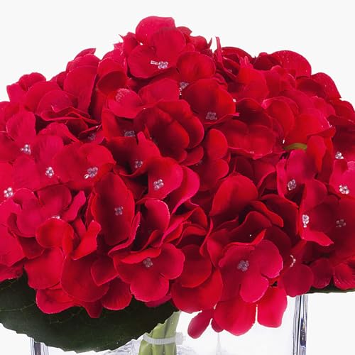 ENOVA FLORAL Silk Hydrangea Artificial Flowers in Vase with Faux Water, Silk Flower Arrangements in Vase for Home Decor, Wedding Table (Red) - color: Red