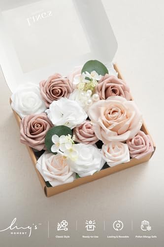 Ling's moment Dusty Rose Artificial Flowers and Greenery Combo Box Set,Can Make Into a 7" Bridesmaid Bouquet or Other Floral Arrangement - color: Dusty Rose & White